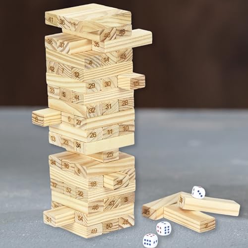 ToyMagic Wooden Numbered Tumbling Tower Game|51 Pcs 4 Dice Building Blocks Stacking & Balancing Tower Puzzle Game for Adults and Kids |Wooden Blocks M