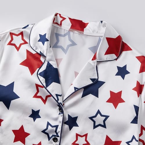 Image of Piacakece 4th of July Women Outfit Short Sleeve Button Shirt Matching Shorts Satin Pajama Sets Women July Fourth Clothes