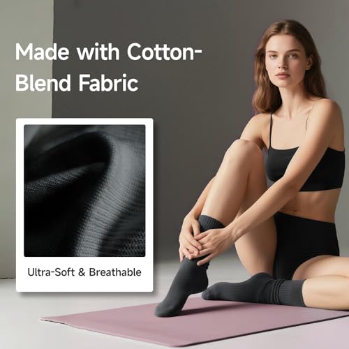 Pilates Socks for Women with Grip - Long Yoga Slouch Socks for Barre Workout, Non Slip Soft Comfortable 3 Pairs4