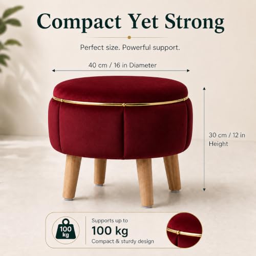 Image of Velvet Upholstered Round Ottoman Footstool | Anti-Slip Feet | Multipurpose Footrest, Step Stool & Vanity Seating & Decor | 40 x 30 cm (16 x 12 Inch) | Maroon