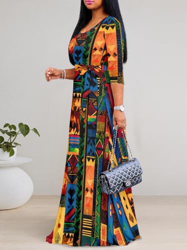 Image of PinkPatty Plus Size Maxi Dress for Women Casual V Neck 3 /4 Sleeve Boho Printed Long Dress with Pockets