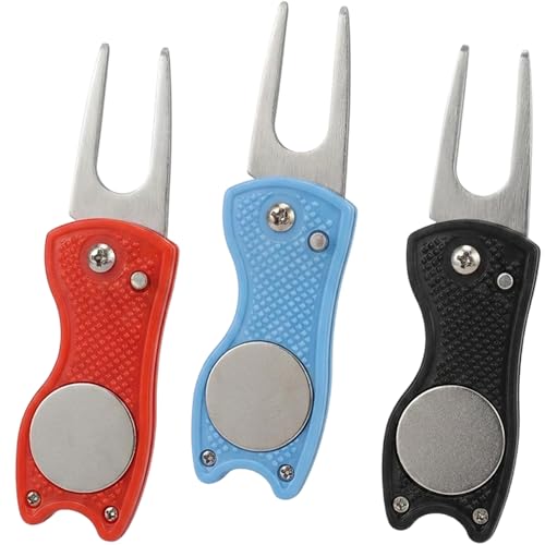 NieYat 3 Stück Pitchgabel klappbare Pitchgabel Golf robuste Golf Pitchgabel praktisches Golf Zubehör Edelstahl Werkzeug mit magnetischem Ballmarker für Golfplätze