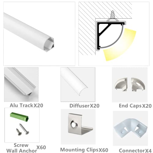 THMOOTHER 20-Pack 3.3FT 1Meter V Shape LED Strip Aluminum Channel Diffuser System, Extruded Alu Track Milky Cover with Corner Connector and Mounting Kit,Easy Cut and Installed Curved Lens Profile - Thumbnail 6