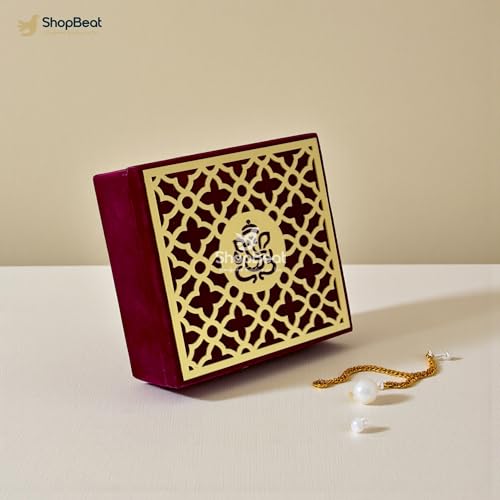 Image of Handcrafted Velvet Jewellery Box, Ganpati Ji Design, Red, 4x4 | Wooden Base, Decorative Organizer, Ganesh Motif, For Puja Festive Wedding Gifting