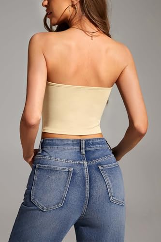 Image of 4-Pack Women's Strapless Tube Tops, Slim Fit Bandeau Crop Shirts | Soft Knit Backless Basic Shirt, Sleeveless Bodycon Fashion, Y2K Going Out Look, Summer Layering, Beach, Party & Daily Fit