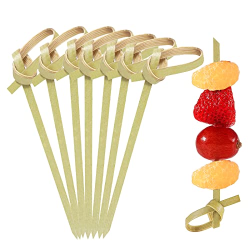 200 Pack Bamboo Knot Cocktail Picks 3.5 Inch, Long Fancy Toothpicks with Looped Knot, Food Picks for Appetizers Christmas Wedding Party Food Fruit Drinks Garnish Skewer Sticks (3.5 In)
