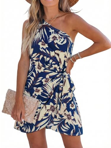 CUPSHE Women's Beach Dress One Shoulder Tropical Sleeveless Self Tie Mini Summer Dress Navy Floral, M