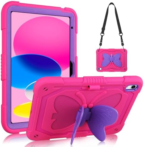 VOFUOE for iPad A16 11th/10th Generation 10.9 Inch with Shoulder Strap Butterfly Wings Stand Pencil Holder Rugged Cover-Hot Pink &Purple