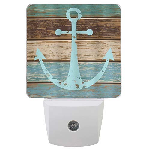 Wamika Vintage Anchor Night Light Set Of 2 Wooden Nautical Theme Plug-In Led Wooden Rustic Nightlights Auto Dusk-To-Dawn Sensor Lamp For Bedroom Bathroom Kitchen Hallway Stairs Decorative #TOP1