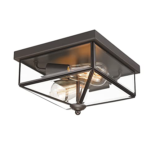 Pasentel Flush Mount Ceiling Light Fixture, 2-Light Industrial Farmhouse Ceiling Light For Bedroom Hallway Kitchen Porch Entryway, Oil Rubbed Bronze With Clear Glass, Xdd011-2-Ob #TOP4