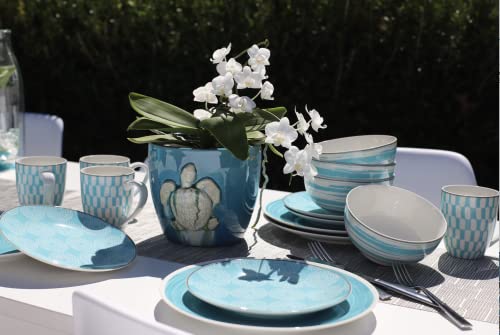 Euro Ceramica Simpatico Collection 16 Piece Stoneware Dinnerware Set In Turquoise;Service For 4 ;Geometric Modern Pattern ; Microwave & Dishwasher Safe , Durable #TOP3
