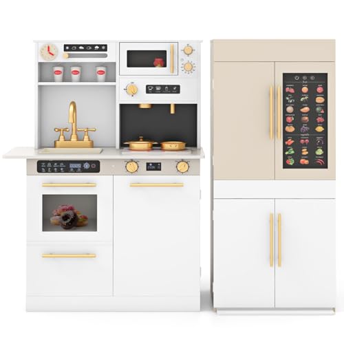 GYMAX Large Play Kitchen, Modular Toy Kitchen with Refrigerator, Coffee Machine, Microwave, Stove, Talking Wall Chart, Lights & Sounds, Kids Cooking Role Playset for 3+ Years Old