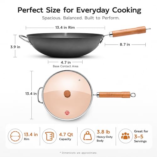 Image of WANGYUANJI 13.4 Inch Carbon Steel Wok Pan with Glass Lid, Flat Bottom Chinese Stir Fry Wok for Induction, Gas and Electric Stoves, Uncoated Iron Wok for Stir Frying, Sauteing and Deep Frying