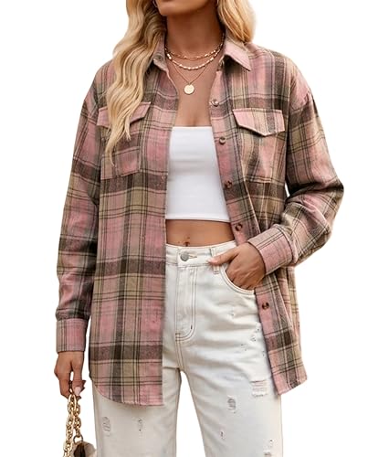 Oyamiki Womens Long Sleeve Shirts Button Down Plaid Tops Dressy Casual Blouses Green Pink Plaid S