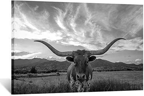 KREATIVE ARTS Black and White Texas Animal Canvas Wall Art Highland Cattle with Long Horns Picture Longhorn in Sunset Farm Painting for Home Decor Modern Living Room Decorations 24x36in - Image 2