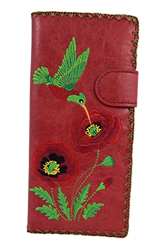 Embroidered Hummingbird and Poppy Flower Faux Leather Large Flat Wallet (Red)
