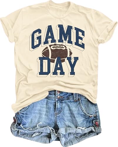 Football Shirts for Women Game Day T Shirts Football Outfits Funny Graphic Tee Casual Short Sleeve Tee Shirts Beige