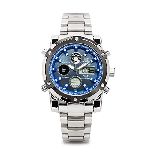 Stauer Blue Stone Stainless Steel Chronograph Watch for Men – Blue-Dial Analog & Digital Watch w/Stainless Steel Bracelet – Dual Time Watch w/Led Subdials – Luxury Gift for Men