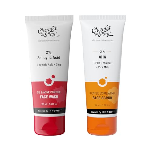 Image of Chemist At Play 2% Salicylic Acid Face Wash For Oily Skin with Niacinamide + Gentle Exfoliating Face Scrub with Mandelic Acid & Walnuts | Removes Dead Skin & Blackheads | Prevents Acne & Removes Excess Oil | For Men & Women | (100ml each) | Pack of 2