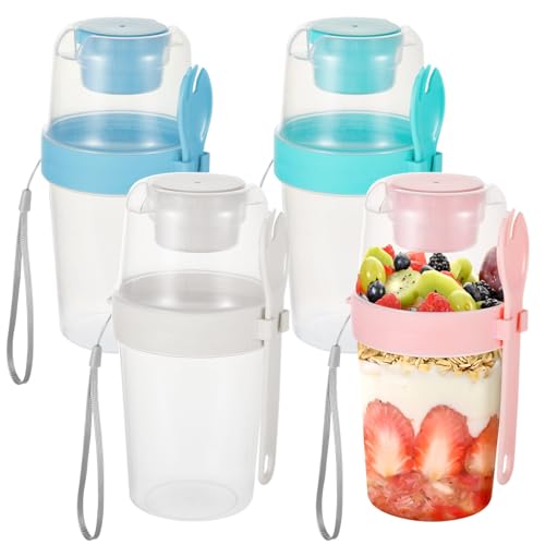 Paquete de 4 vasos de parfait con tapas, recipientes de plástico transparente para ensalada y yogur, vasos portátiles con tenedor para comidas fáciles en movimiento
