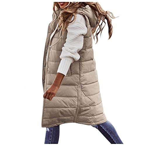 Long Puffer Vest Women Quilted Hooded Sleeveless Down Vest Outerwear Padded Jacket Fall Winter Coat with Pockets