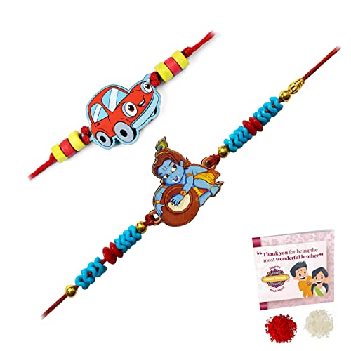 Image of Cartoon Kanha Bal Krishna and Car Rakhi for Baby /Kids Brother /Sister | Combo for Kids | Rakhi with Greeting Card & Roli Chawal