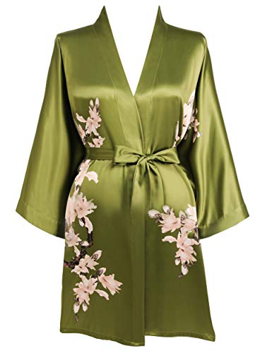 BABEYOND Damen Morgenmantel Blumen Gedruckt Sommer Bademantel Kimono Kurz Robe Leicht Schlafmantel Damen Satin Strandkleid (Grün)
