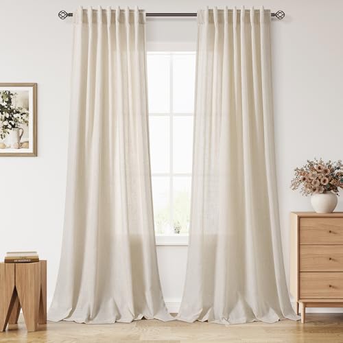 Image of Nanspring Modern Farmhouse Decor Curtains 96 Inches Long for Living Room Linen Cream Beige Luxury Light Filtering Semi Sheer Curtain Back Tab Coastal Drapes for Bedroom Office 52x96, 2 Panels