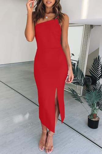 Image of OWIN Women's Adjustable Spaghetti Straps Sleeveless High Waist Split Midi Bodycon Cocktail Party Dress