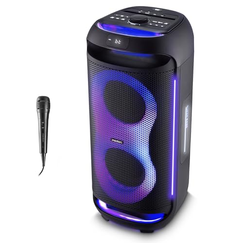 MEDION PE-2 Plus Partybox (Akku mit Mikrofon tragbarer Bluetooth Lautsprecher groß Musikbox Verschiedene Lichteffekte Partylautsprecher mit Karaoke Mikrofon und Gitarren Anschluss AUX USB)