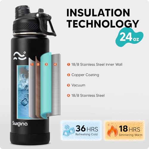 Image of Swigina Insulated Water Bottle with Silicone Boot (36hrs Cold /18hrs Hot) - DIY Stickers, Leakproof, BPA Free, Black, 24 oz [2-IN-1 LID]