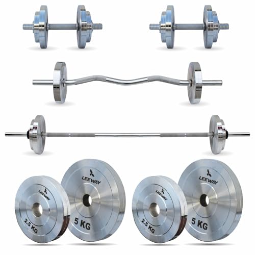 Image of Leeway Metal Home Gym Set 30 Kg Combo with Steel Weight Plates, 3Ft Curl Rod, 5Ft Straight Rod and Steel Dumbbell Set & Barbell | Full Body Workout Equipment for Home (30kg Set (2.5X4+5X4))