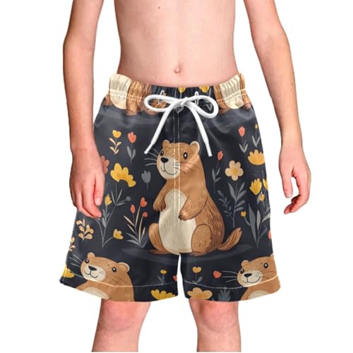 Pigsaly Boys' Swim Board Shorts Yellow Red Flower Cartoon Groundhog Boy's Swim Trunks Kids Swimwear M 6