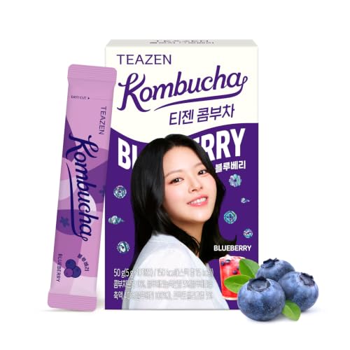 TEAZEN Blueberry Flavored Kombucha Tea, Hydration Drink Mix, Sugar Free, Live Probiotics &amp; Prebiotics, 10 Sticks, 1.76oz