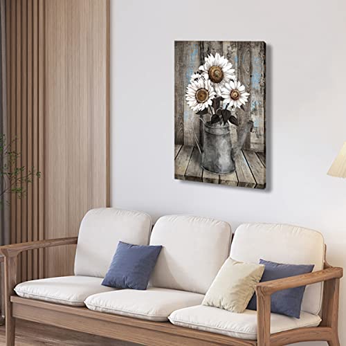 Framed Rustic Farmhouse White Sunflower Wall Art Decor For Picture Print Floral Vintage Wood Grain Canvas Artwork For Living Room Bedroom Bathroom Office Hotel Modern Home 16X24Inch #TOP2