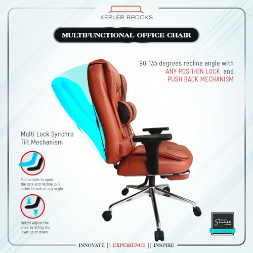 Image of Kepler Brooks Italia Pro Premium Leatherette Office Chair for Work | 3-Year Warranty | Boss Chair for Office, Ergonomic Chair, 2D Adjustable Arms, Lumbar Support, Legrest, Heavy Duty Metal Base (Tan)