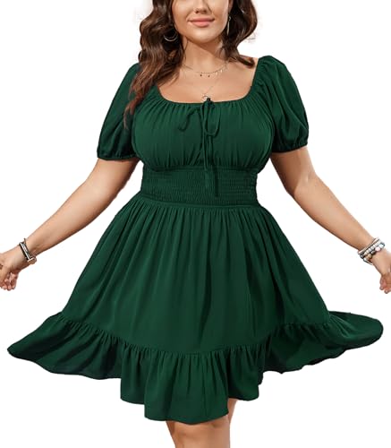 Image of SCOMCHIC Womens Plus Size Mini Dress Square Neck Puff Short Sleeve Casual Summer A Line Boho Cute Spring Short Dresses