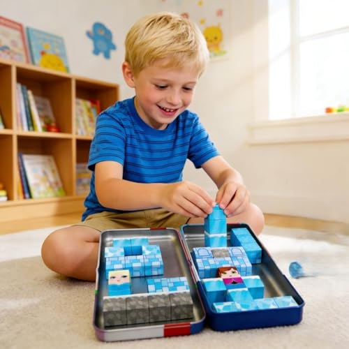 Image of Happy Hues Mini Magnetic Blocks Travel Set (38 Pcs) - Pixelated Ice Castle Cube Magnets with Storage Tin, STEM Building Toy Figures, Screen-Free Road Trip Travel Toy for Kids Ages 3+