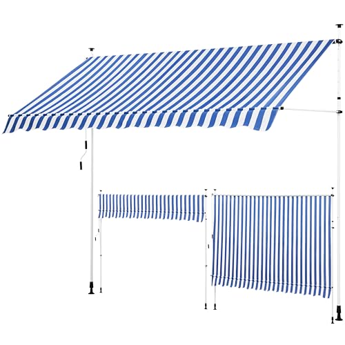 Yaheetech Toldo Manual Retráctil Exterior Toldo Enrollable Exterior Altura Ajustable con Manivela Sin Taladro Resistente a UV Repelente al Agua para Balcón Terraza Patio Jardín 300 cm Azul y Blanco