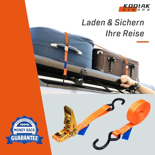 4 Stück Spanngurte 4m x 800kg mit Ratsche und S-Haken - 25mm Zurrgurte mit Ratsche - Orange Ratschengurt für Ladungssicherung - TÜV/GS geprüft nach DIN EN 12195-2 - KODIAK STRAPS