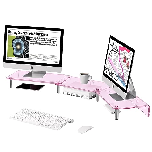 HEWYIOS dual monitor stand riser, 3-layer pink acrylic monitor stand with anti slip pad, adjustable length and angle, suitable for 2 monitors, desktop, laptop, PC, printer, TV screen (Pink acrylic)