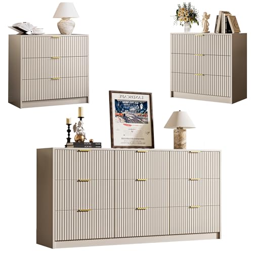 MAISONARIA 3-Piece Dresser Bedroom Set, 9 Drawer Dresser & 3 Drawer Nightstands with Gold Handles,...