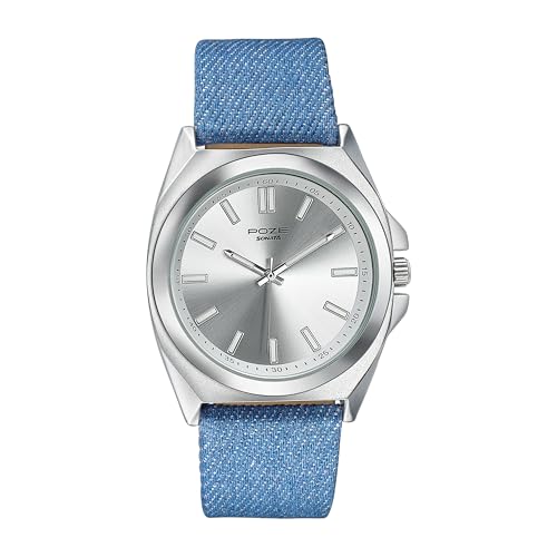 Sonata Poze 6 Strokes and Stroll Quartz Silver Round Dial Men's Watch | Denim Leather Strap Material | Watches for Men Analog - SP70081SL01