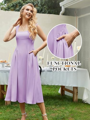 Image of Women's Formal Wedding Guest Dress Square Neck Cocktail Drop Waist Bridesmaid Flowy Midi Dresses with Pockets