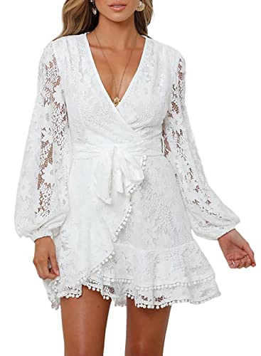 Dokotoo Womens Dresses Cute Summer Casual Sexy Deep V Neck Floral Print Lace Crochet Chiffon Swing Long Sleeve Elegant Knot Waist Flowy Boho Mini Dress for Women Party White XXLarge
