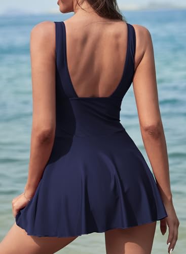 SHEKINI Women's Vintage V-Neck Ruched One Piece Swim Skirt Modest Tummy Control Swimdress Swimwear2