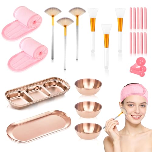28 Rose Gold Facial Supplies 3 Facial Mask Mixing Bowls 3 Facial Fan Brushes 3 Mask Applicator Brushes 3 Mask Measuring Spoons Skincare Tray 3-Compartment Tray 12 Facial Sponges 2 Spa Headbands