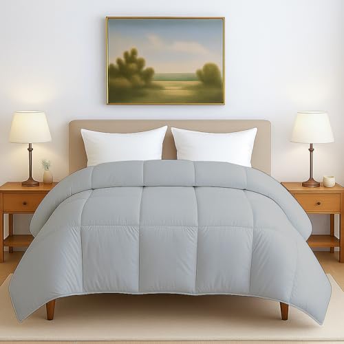 Image of Bed Comforter - King Size - Light Grey 300 GSM Quilt Blanket Rajai - Winter Warm Down Alternative Duvet Insert with Corner Ties