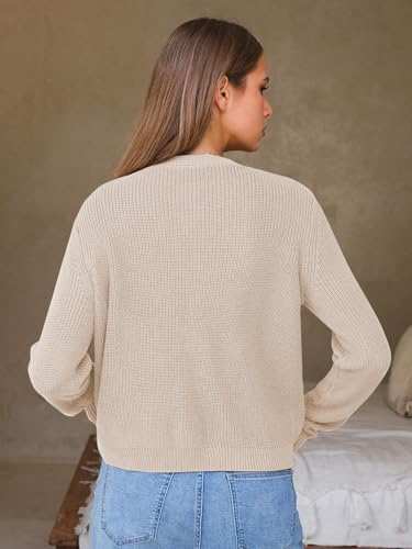 EXLURA Women's 2025 Knit Cardigan Sweaters Early Fall Fashion Long Sleeve Open Front Button Down Trendy Casual Cropped Jacket Beige — view 5