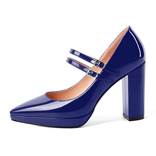 AMBELIGHT Womens Dating Platform Patent Pointed Toe Adjustable Strap Buckle Fashion Dress Chunky High Heel Pumps Shoes 4 Inch2